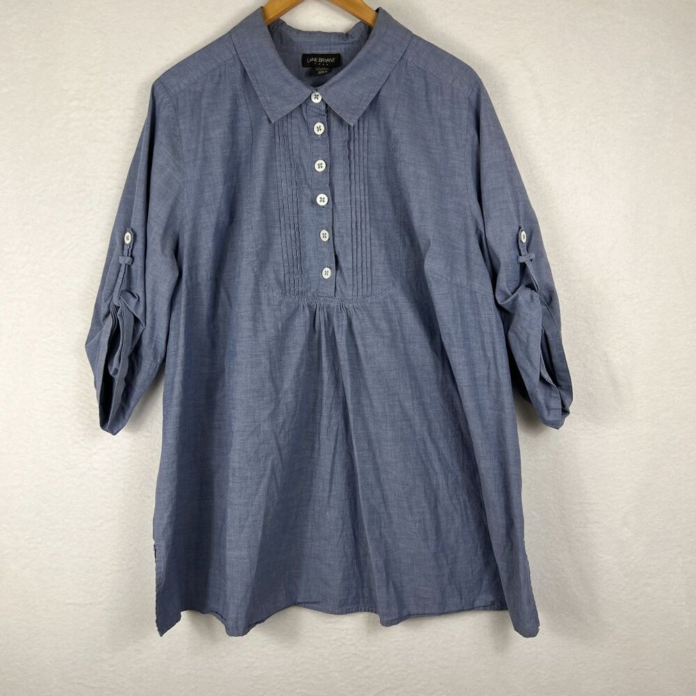 Lane Bryant Womens Blue Button Front Tunic Blouse Size 26/28W Roll Tab Sleeve